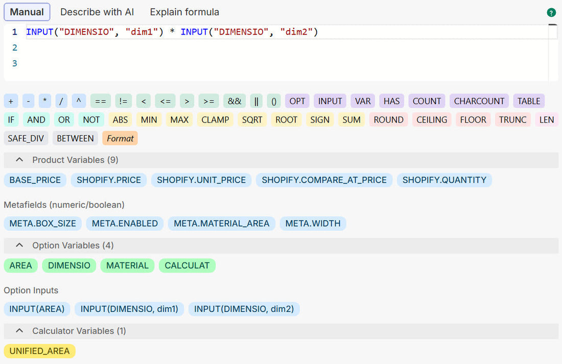 Appify formula engine for Shopify product options with functions, variables, and AI formula tools.