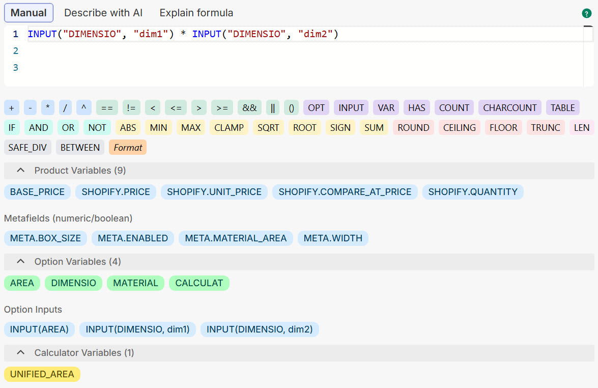 Appify formula engine for Shopify product options with functions, variables, and AI formula tools.