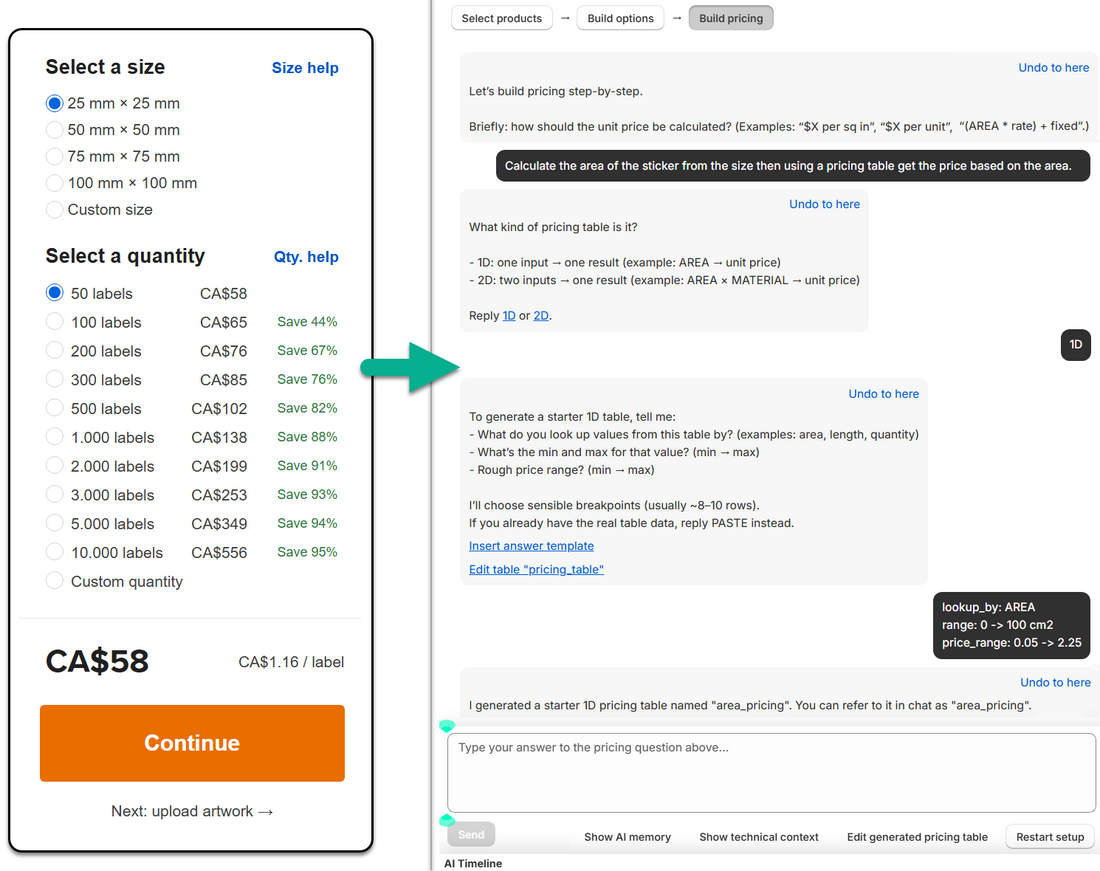 Appify Custom Product Options AI calculator builder creating Shopify pricing logic from plain language.