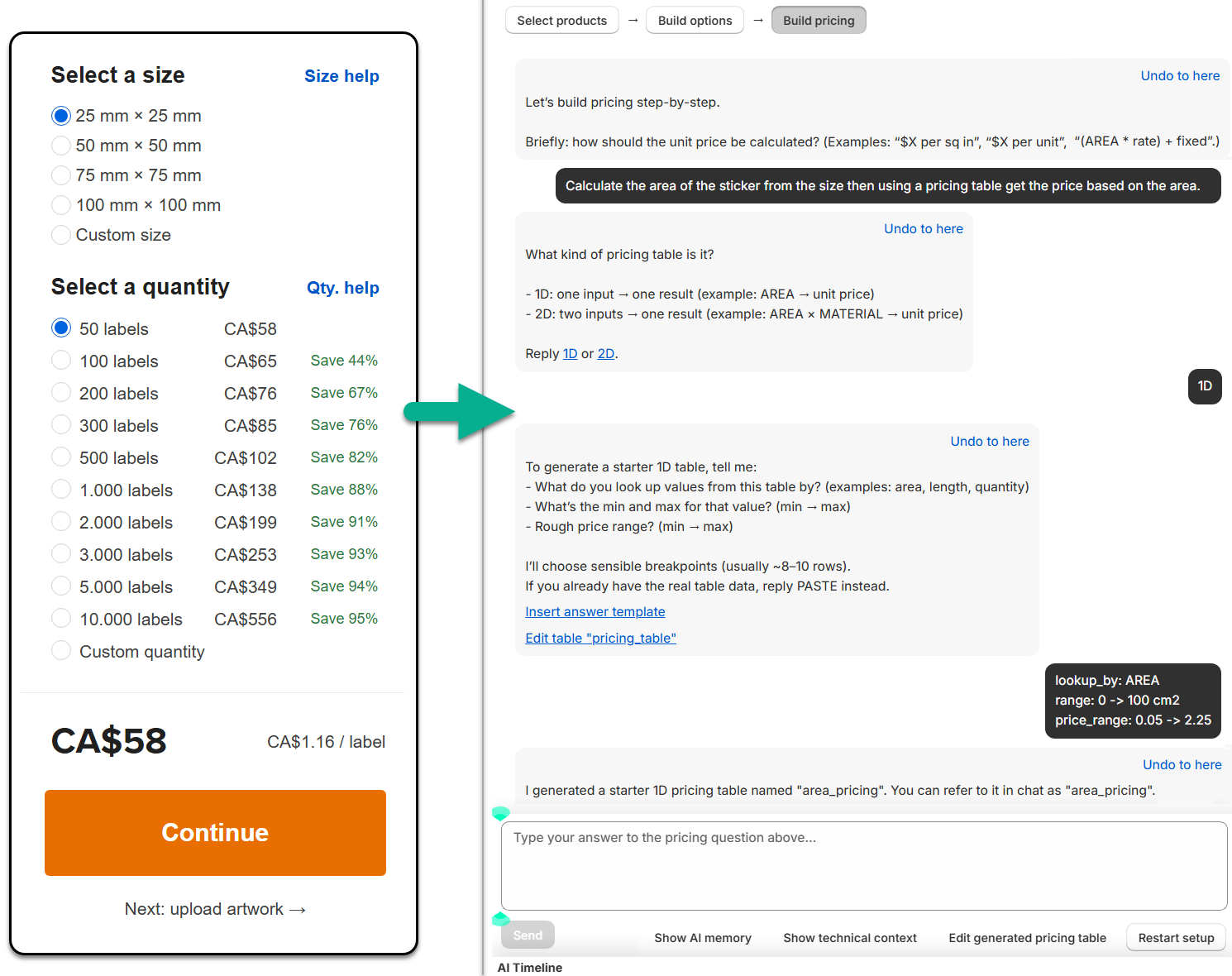 Appify Custom Product Options AI calculator builder creating Shopify pricing logic from plain language.