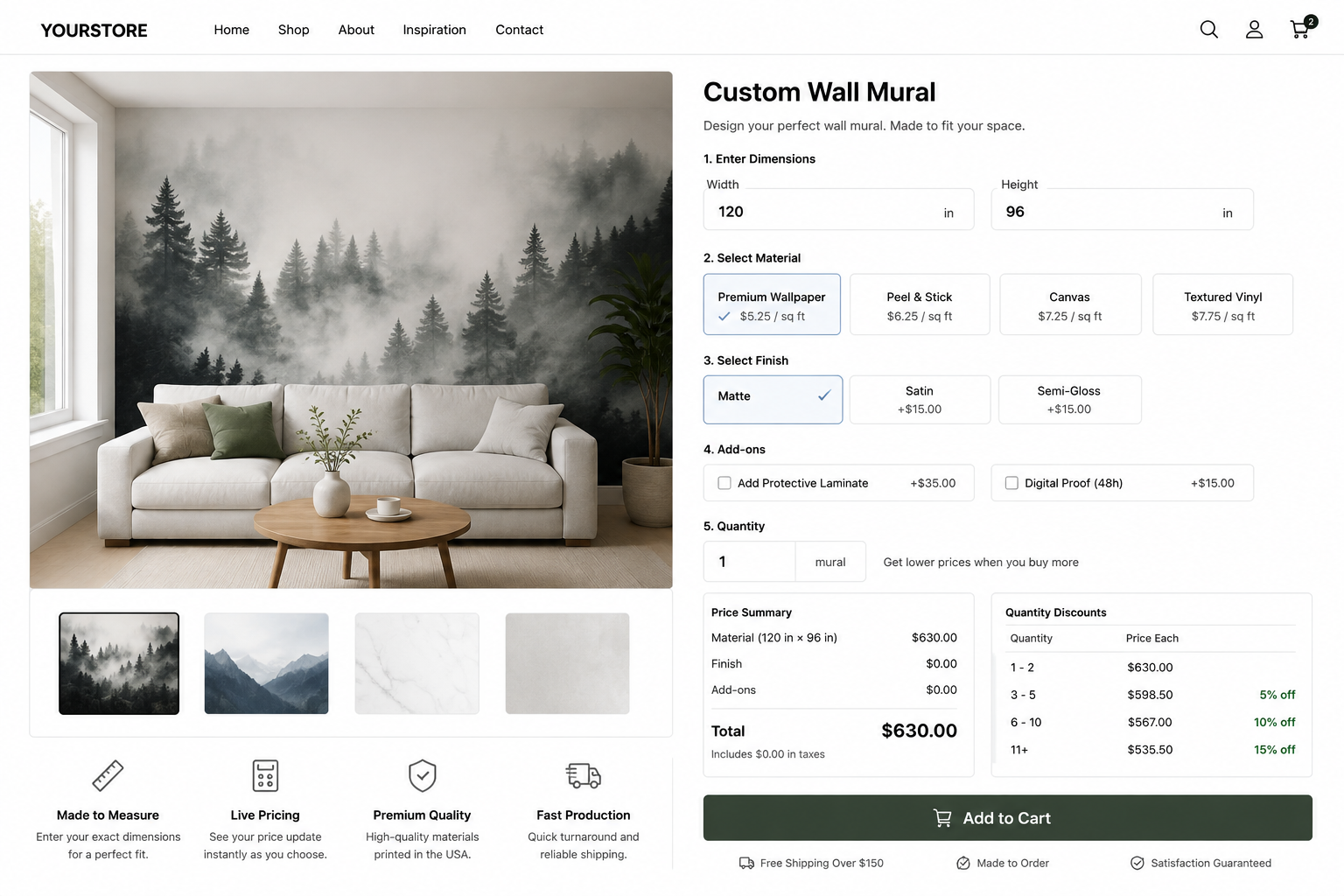 Custom Shopify product page showing measurement inputs, material choices, quantity discounts, price summary, and add to cart for a complex product calculator.