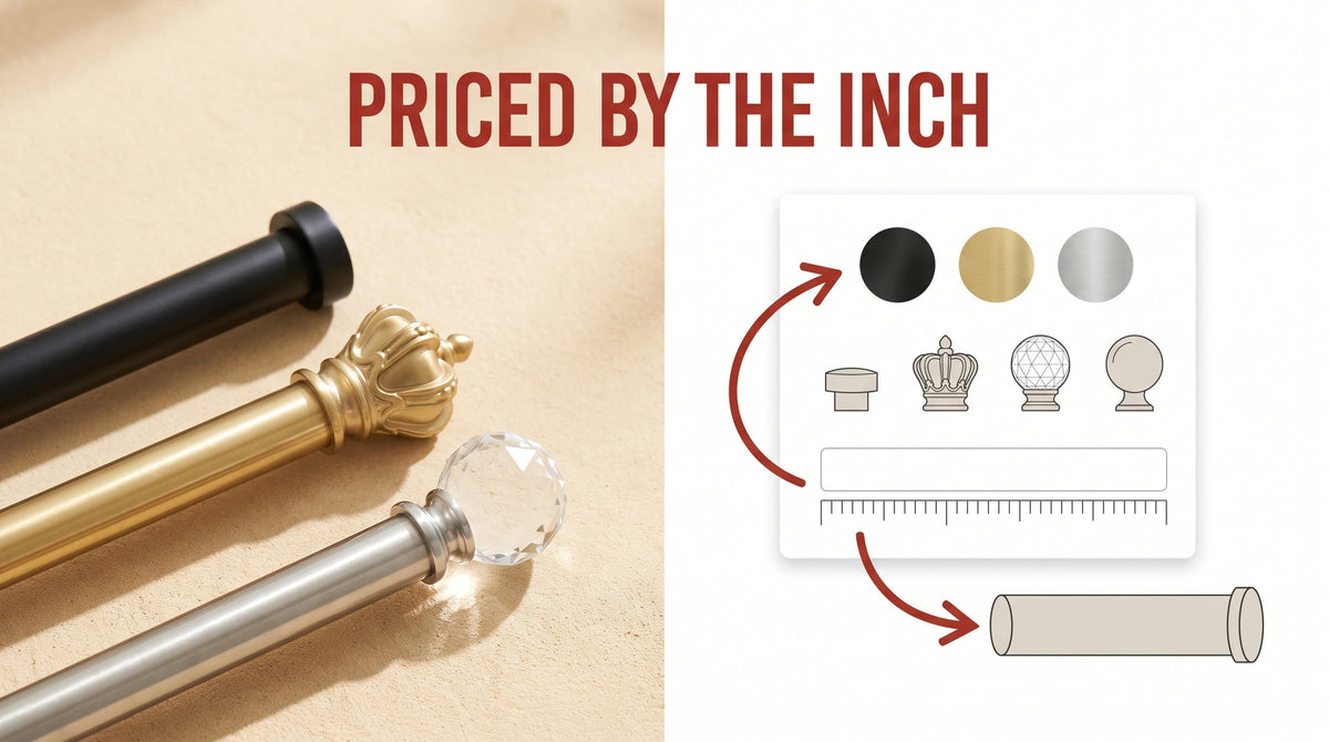 Black, brushed gold and brushed silver curtain rods with different finials beside a mockup card with finish swatches, finial choices and a length field with a ruler