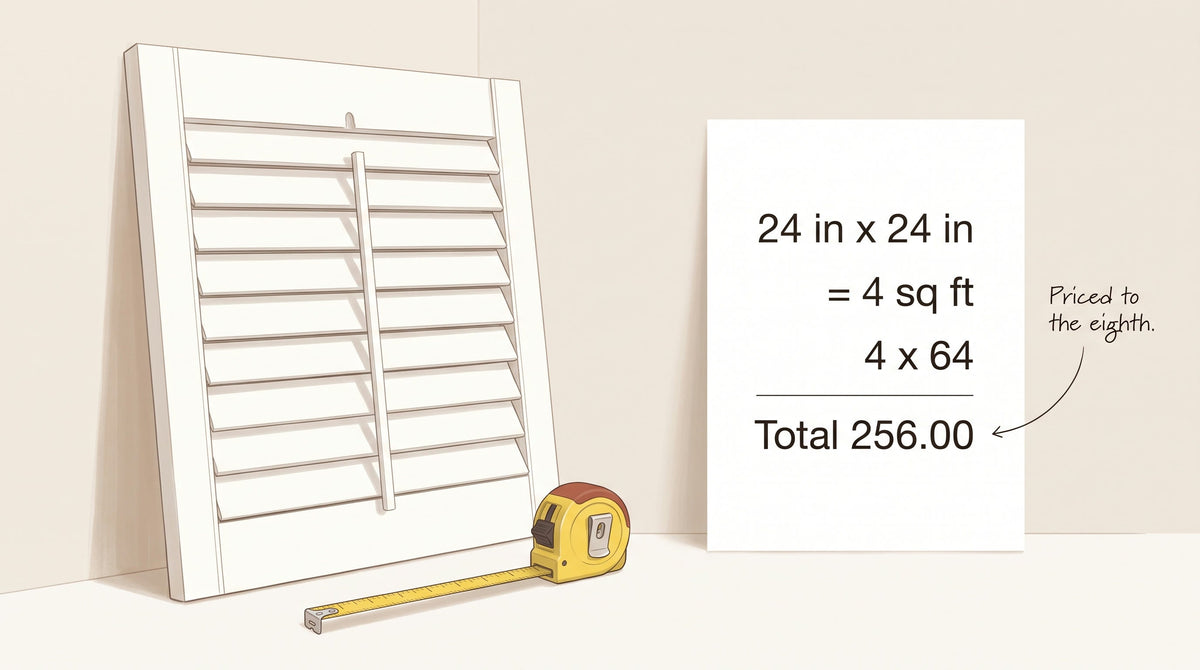 Illustration of a white window shutter beside a pricing card turning 24 by 24 inches into 4 square feet at 64 for a total of 256.00