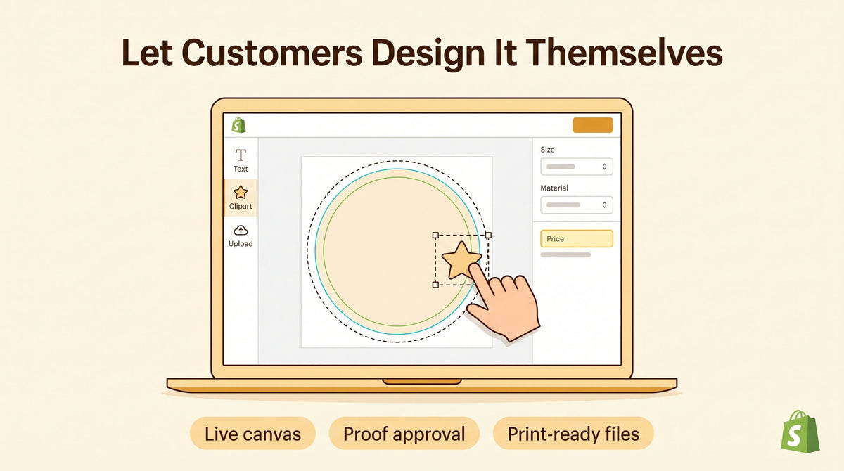 Illustration of a shopper designing a custom sticker in a full-screen editor on a Shopify product page, with text, clipart and upload tools and a live price beside the canvas
