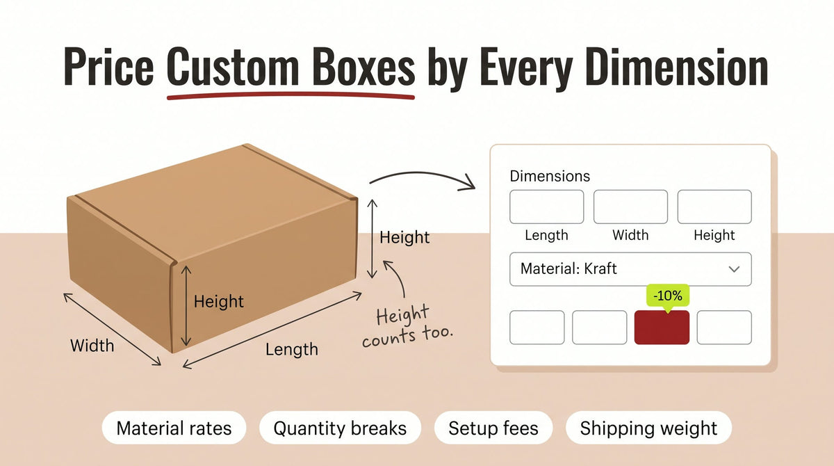 Illustration of a kraft mailer box with length, width and height arrows feeding a product page calculator with a material choice and quantity buttons with a savings badge
