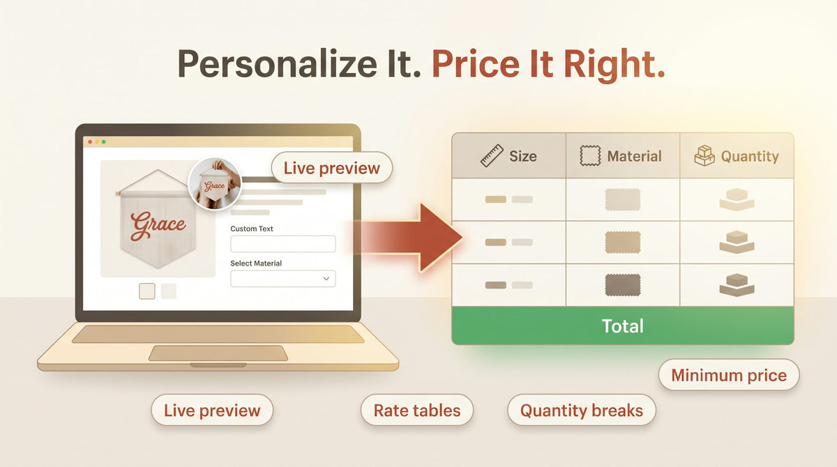 Illustration titled Personalize It. Price It Right: a product page with a live text and photo preview on the left, an arrow to a rate table and a live Total on the right