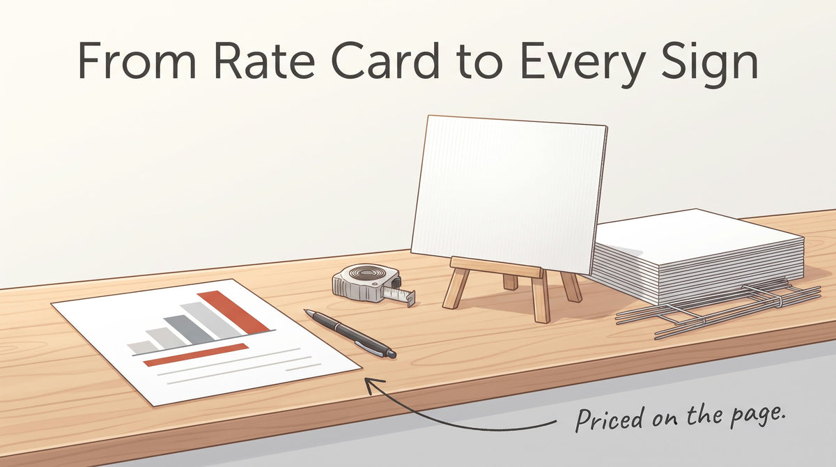 Illustration of a rate sheet, tape measure and pen on a wooden counter beside a blank sign on an easel and a stack of yard signs with wire stakes, headlined From Rate Card to Every Sign