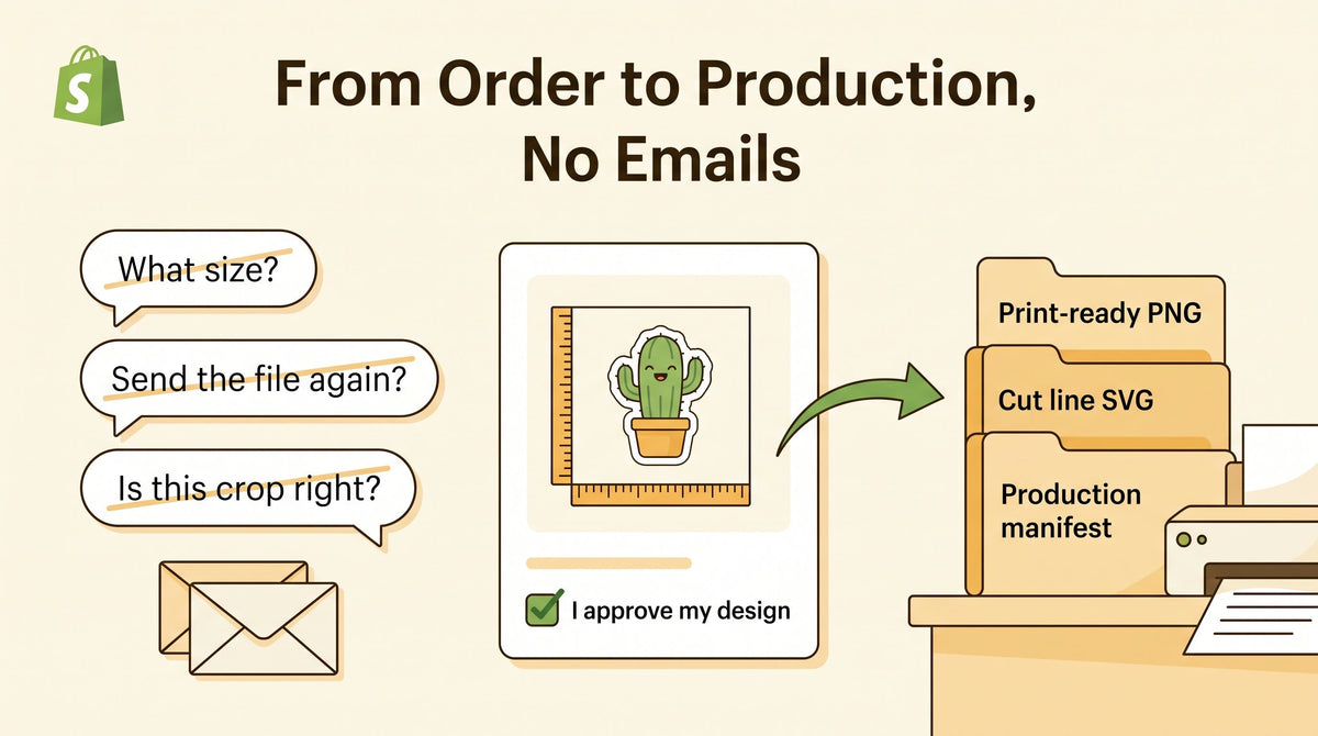 Illustration of a custom order moving from a product page with a design proof and approval checkbox straight to print-ready files and a production spec, skipping a pile of emails