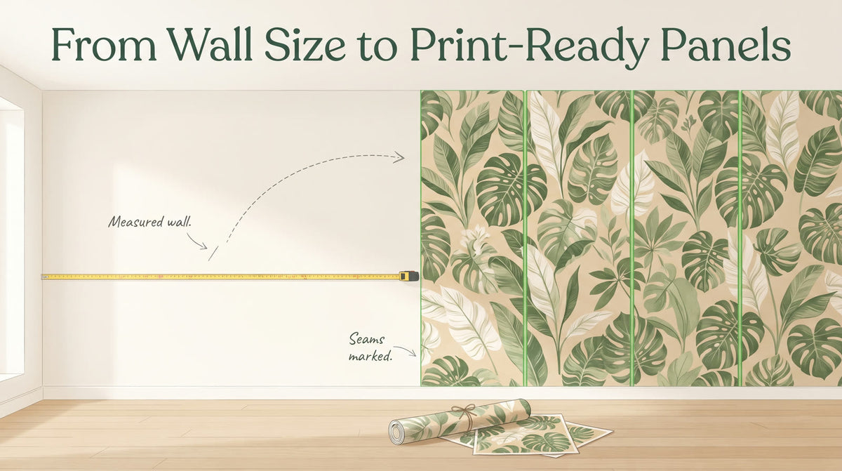 Illustration of a bare wall measured with a tape measure, then covered in green botanical wallpaper split into panels with bright seam lines, a roll and samples on the floor, headlined From Wall Size to Print-Ready Panels