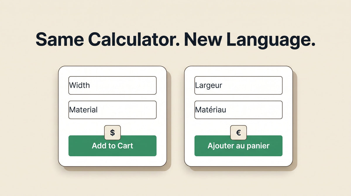 The same Shopify product calculator shown side by side in English and French with dollar and euro currency chips