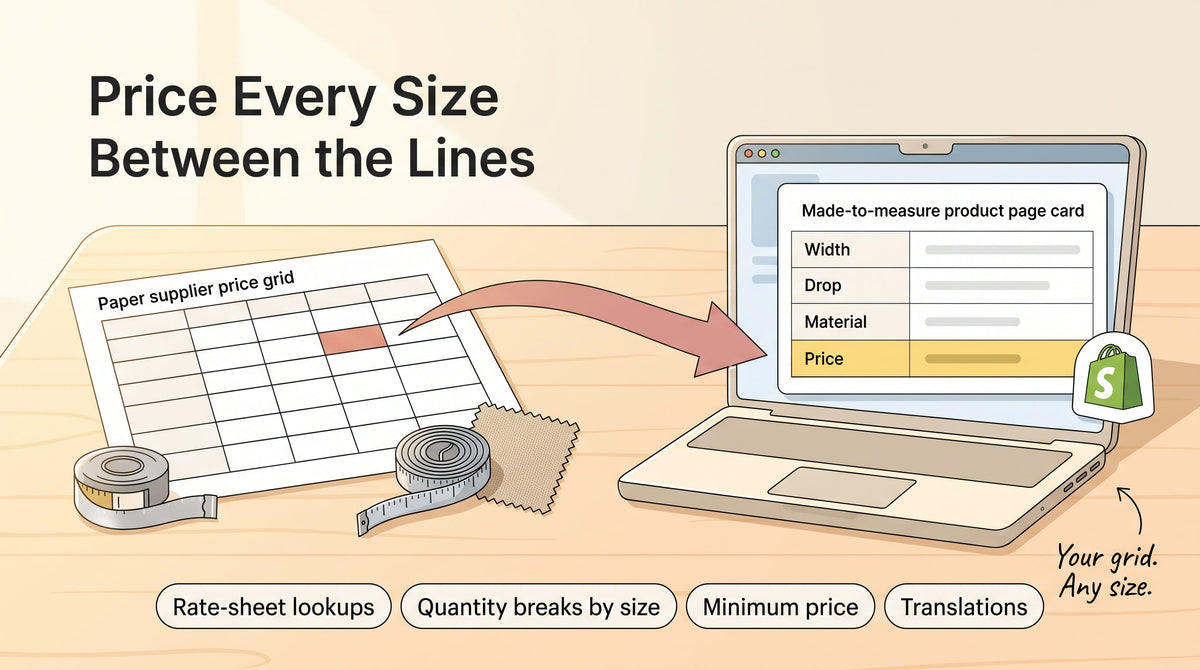 Illustration titled Price Every Size Between the Lines: a supplier price grid with an arrow to a laptop showing a made-to-measure product page with Width, Drop, Material and a live Total