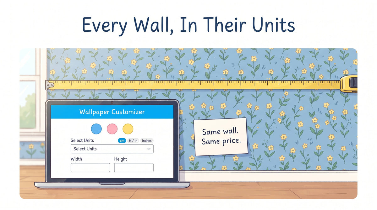 Illustration titled Every Wall, In Their Units: a tape measure across blue floral wallpaper beside a laptop showing colour swatches, a units dropdown and width and height boxes