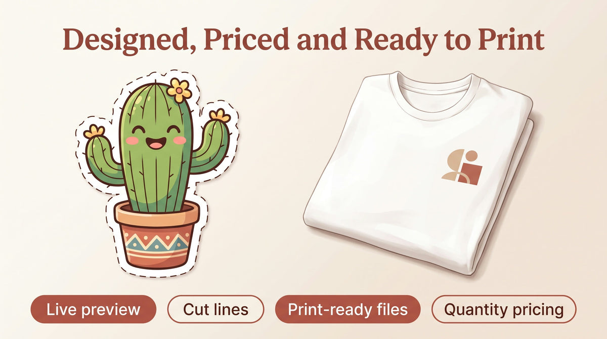 Illustration of a die-cut cactus sticker with a dashed cut line beside a folded printed t-shirt, with chips for live preview, cut lines, print-ready files and quantity pricing