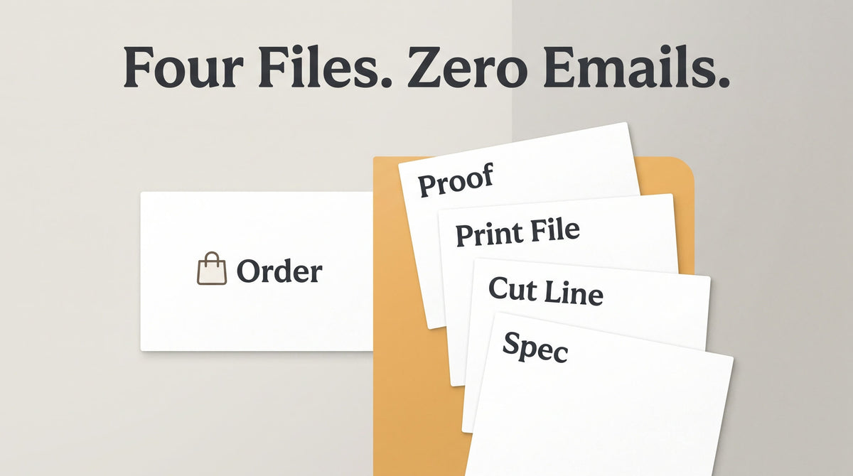 Four production files fanned out from one custom order: proof, print file, cut line, and spec
