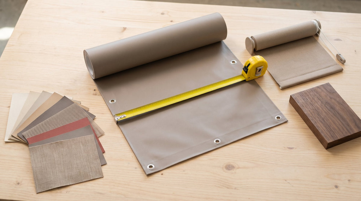 A light wood workshop table with a grommeted banner partly unrolled and a yellow tape measure stretched across its width, beside a fan of vinyl, mesh and fabric swatches, a roller blind sample and a walnut wood block