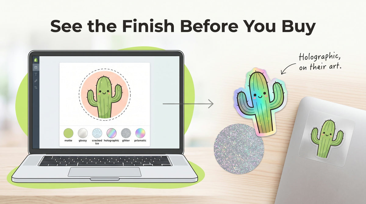 Laptop showing a cactus sticker design with a dashed cut line and six finish swatches, beside a holographic die-cut cactus sticker, a glitter circle and a clear sticker on a laptop lid