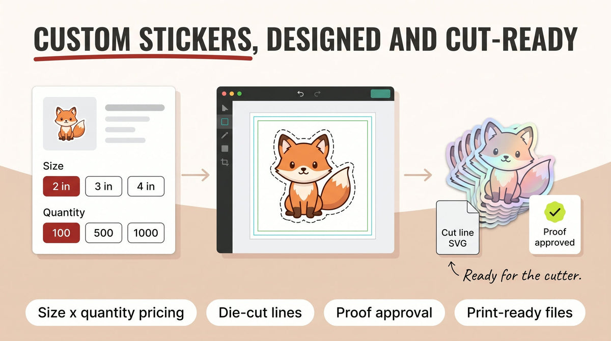 Illustration of a sticker order flowing from size and quantity choices to a design canvas with a die-cut outline, then to an approved proof and print-ready files