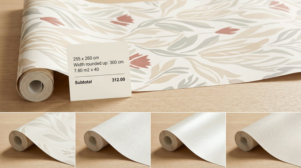 Illustration of a patterned wallpaper roll with a pricing card turning a 255 by 260 cm wall into 7.80 square meters and a subtotal of 312.00, above four wallpaper sample rolls in different finishes