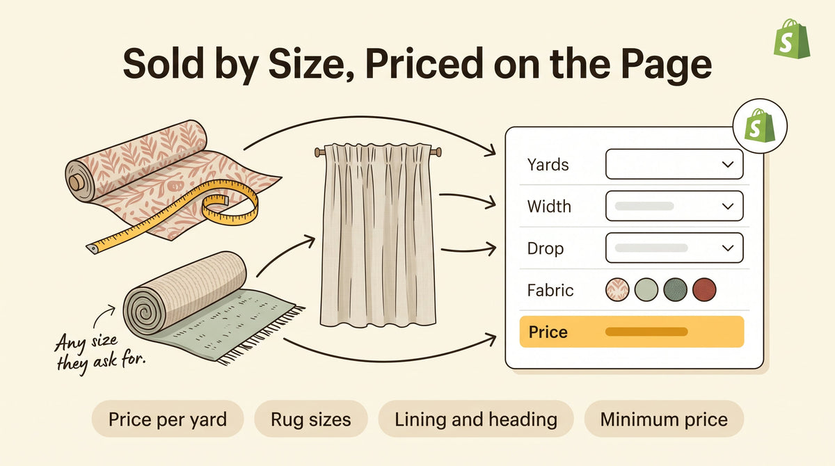 Illustration of a fabric bolt with a tape measure, a rolled rug and a curtain panel beside a product calculator card, headlined Sold by Size, Priced on the Page