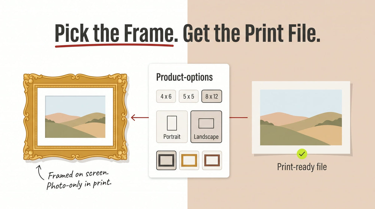 Illustration of an ornate gold picture frame around a landscape photo beside a card showing size, orientation and frame choices, with a print file sheet next to it