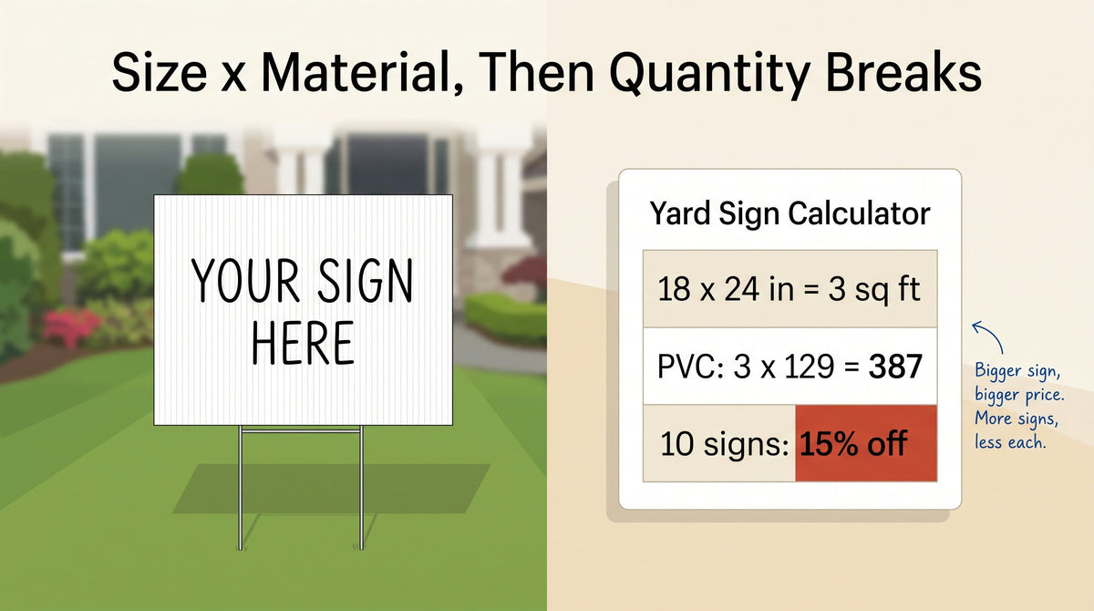 Illustration of a yard sign on a lawn beside a pricing card that turns an 18 by 24 inch PVC sign into 3 square feet, with a quantity break for ten signs