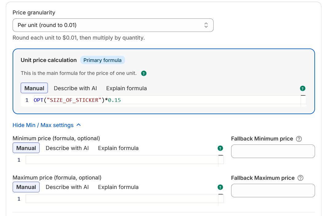 Appify Custom Product Options minimum price setting for custom Shopify product pricing.