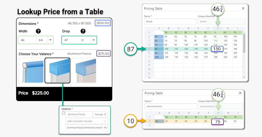 Appify Custom Product Options pricing table lookup for Shopify custom product pricing by dimensions and options.