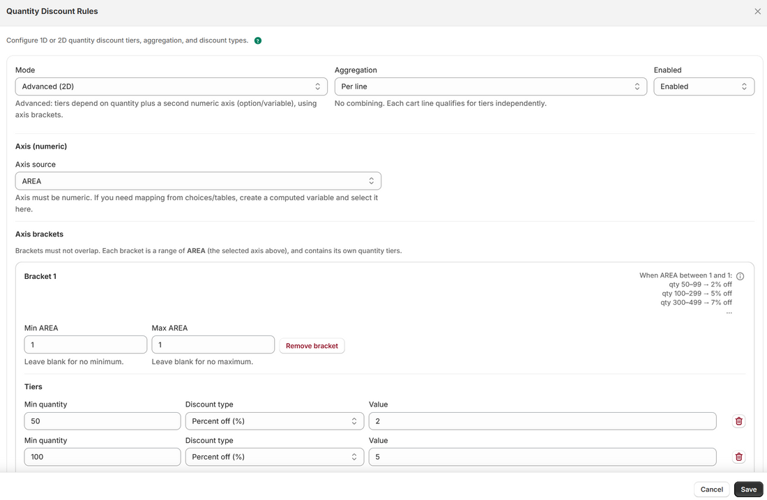 Appify Custom Product Options quantity discount rule setup for Shopify custom product pricing.