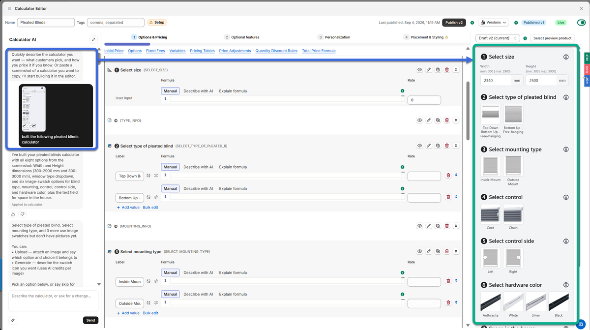 Appify Custom Product Options Chat with AI building a Shopify product calculator from an uploaded image