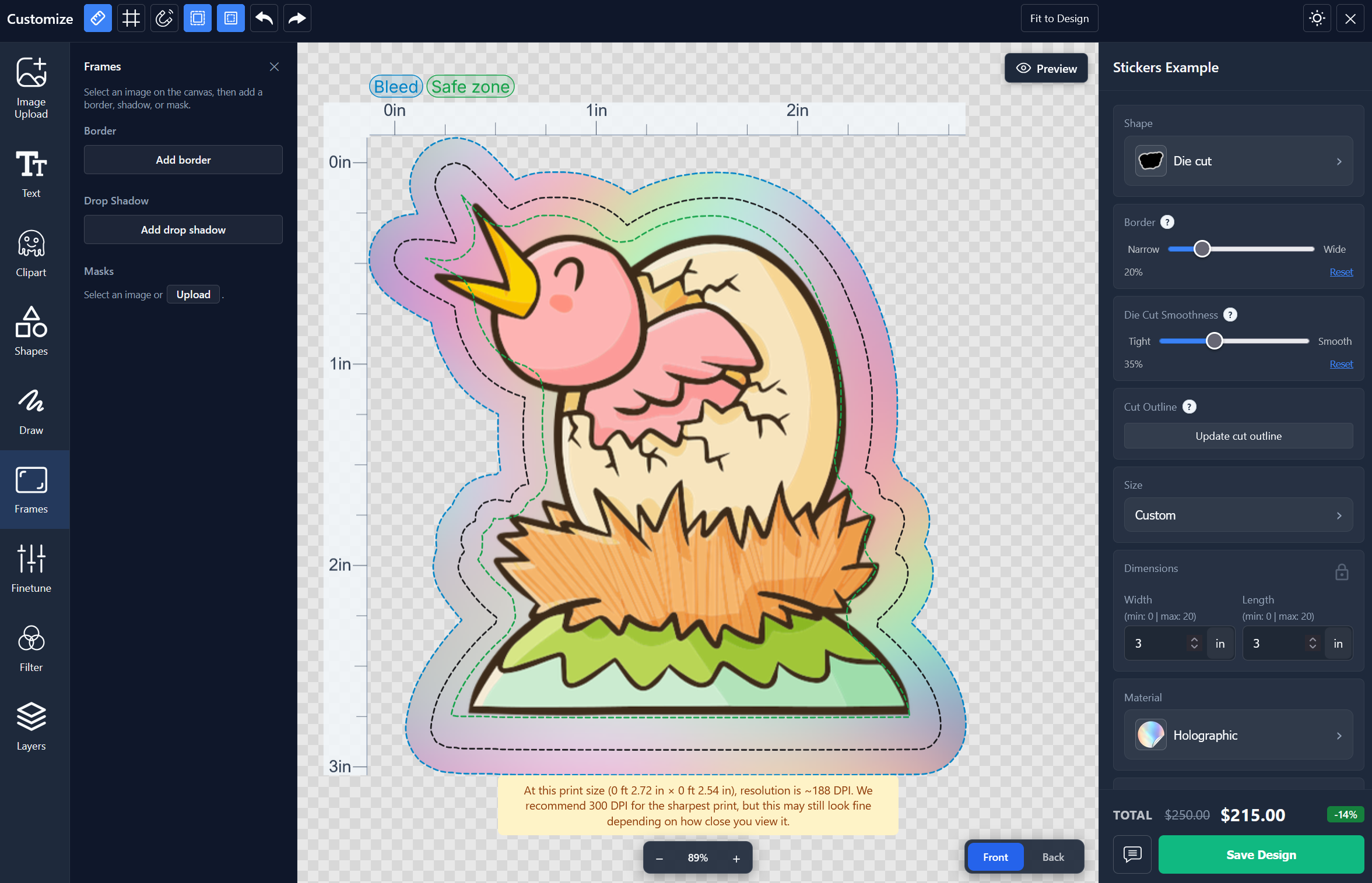 Appify Product Designer interface showing a sticker design canvas with bleed guide, safe zone, layers, and product options.