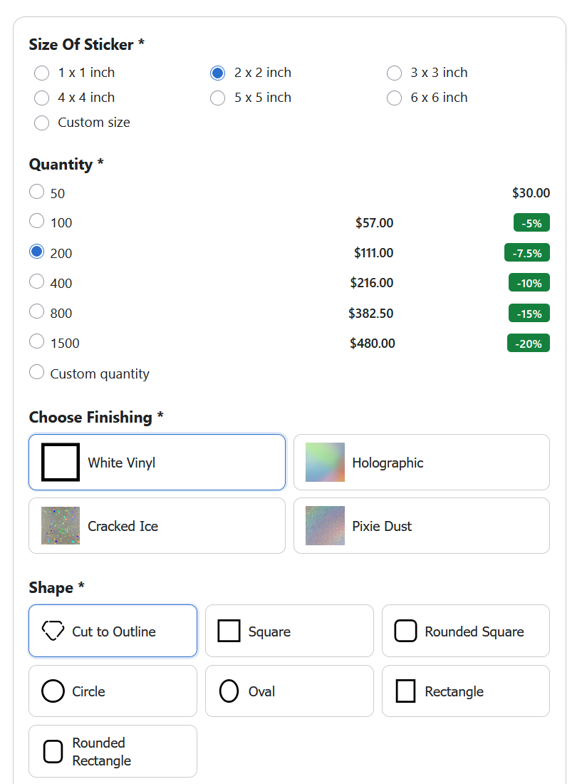 Appify Custom Product Options sticker pricing calculator showing size, quantity, and custom product pricing options.