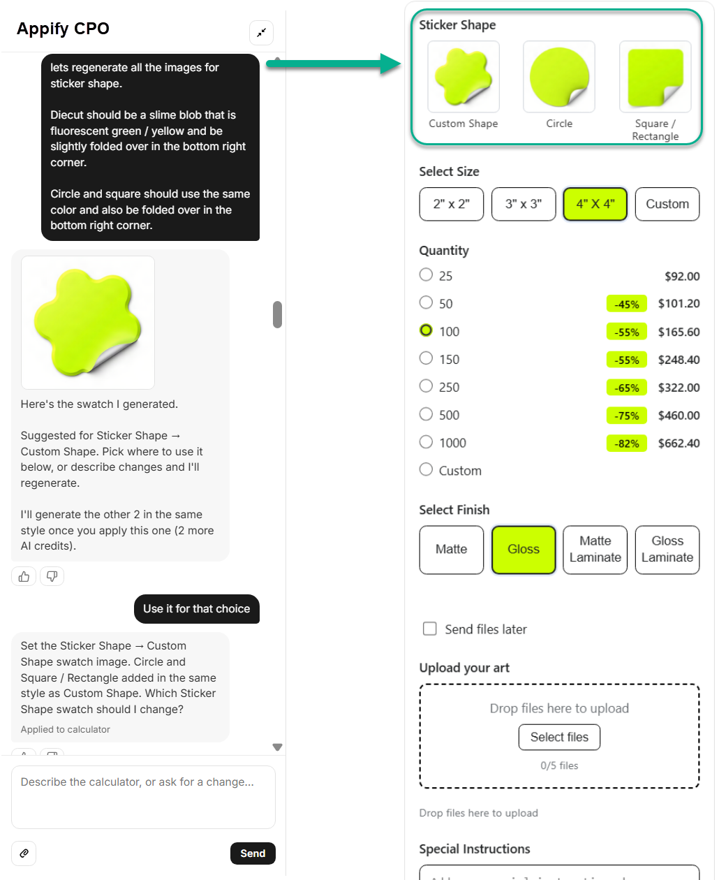 Appify Custom Product Options using Chat with AI and a visual reference to recreate and style a Shopify product calculator