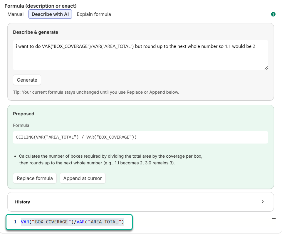 Formula generation interface with text input and proposed formula suggestions.