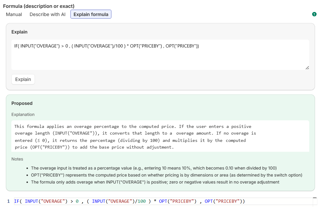 Formula editor with a formula for calculating an average percentage on a price.