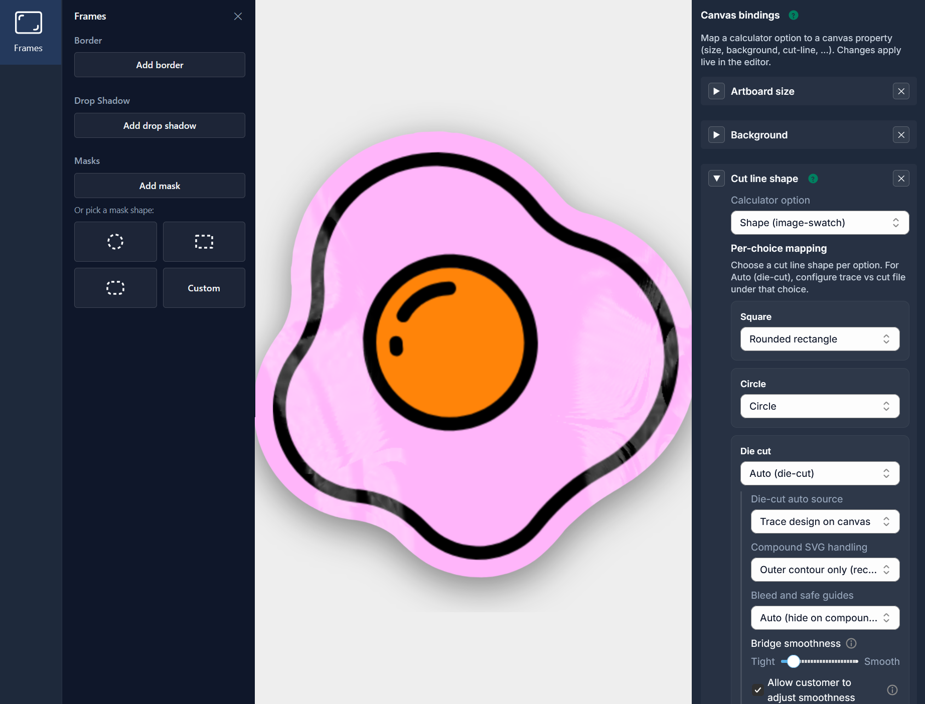 Cartoon-style fried egg icon on a pink background with design tools on the sides.