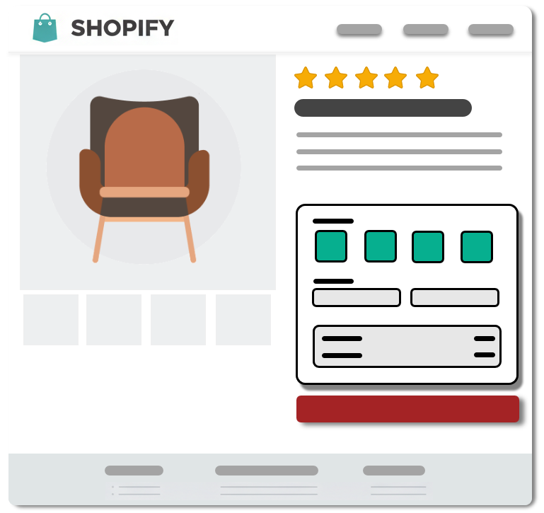 Illustration of a product listing on a platform with a chair icon, rating stars, and product details.