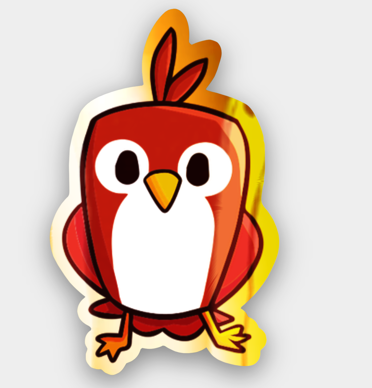 Cartoon owl character with a red body and yellow accents on a light gray background