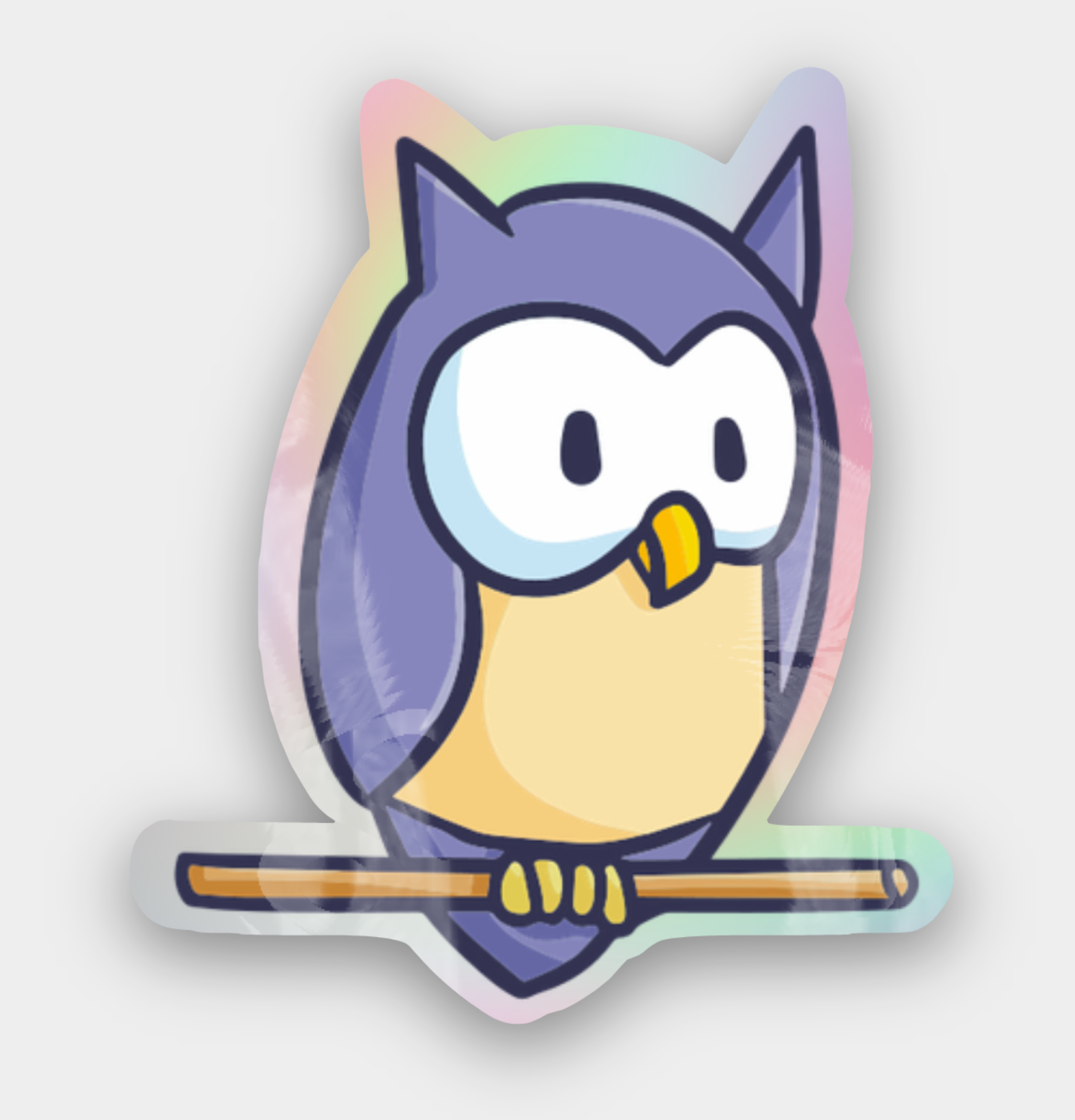 Holographic owl sticker with a rainbow gradient on a light gray background
