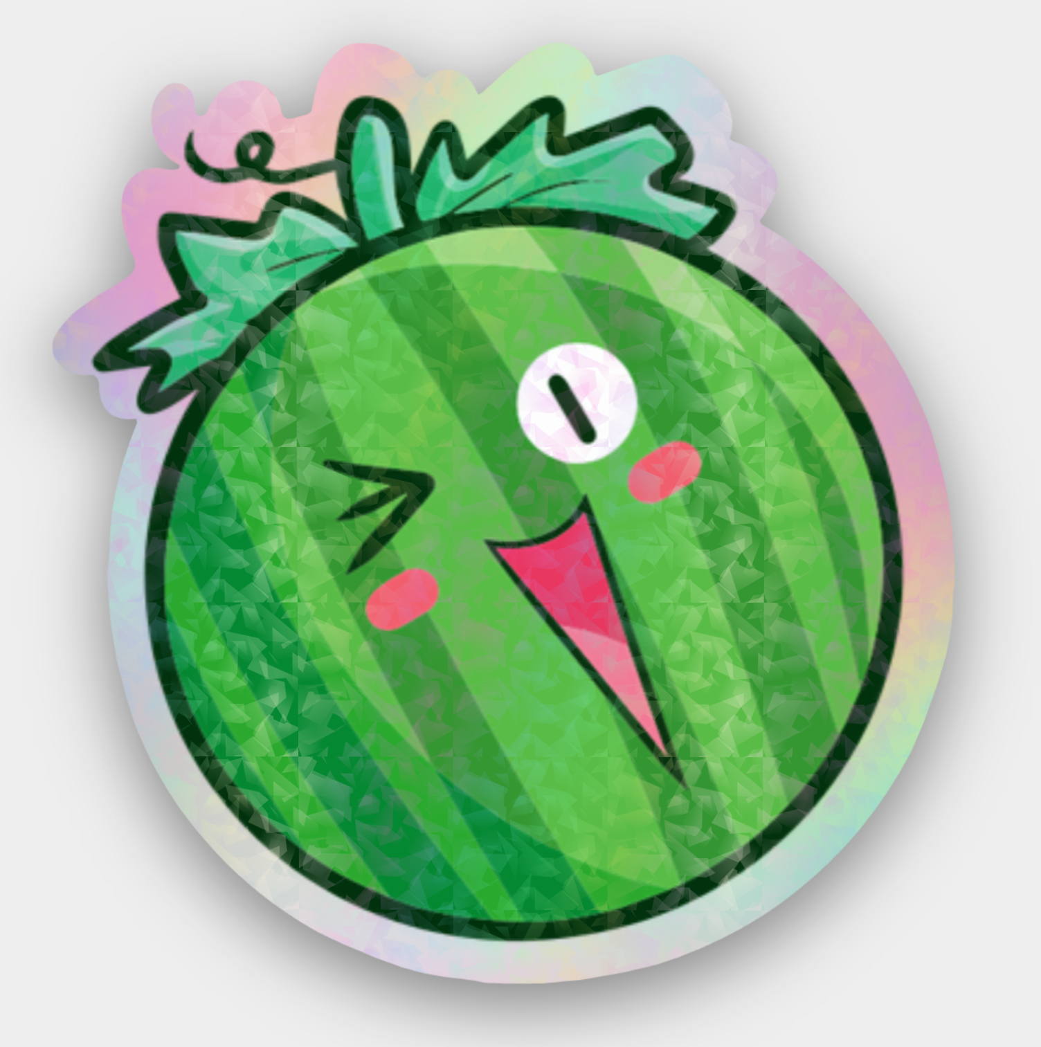 Holographic sticker with a cartoon watermelon character on a white background