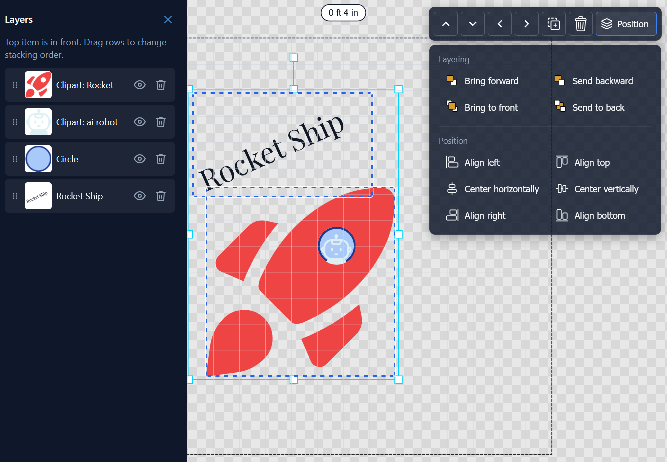 Design software interface with a rocket ship graphic and layers panel.