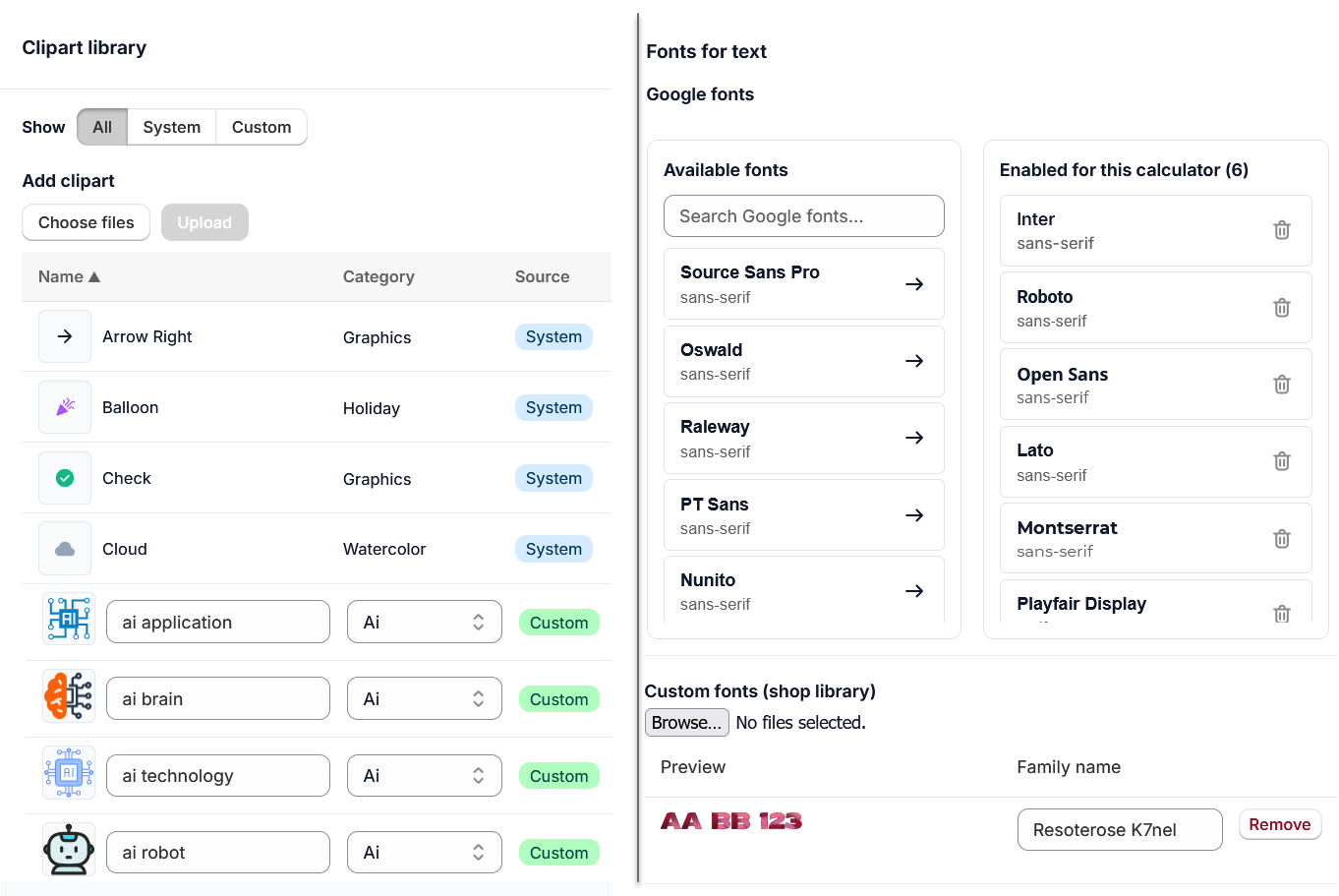 Font selection interface with Google fonts and custom font options on a white background