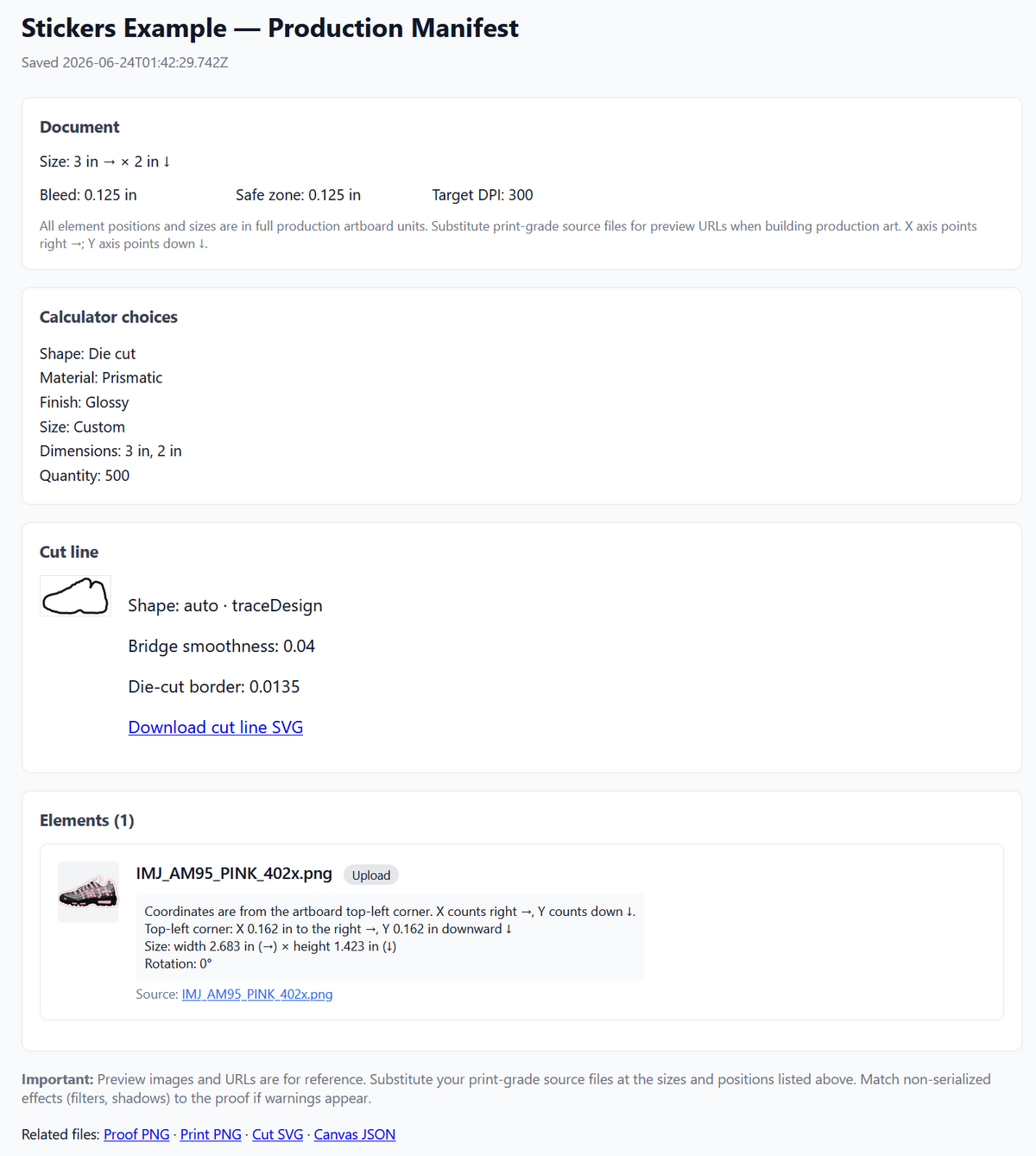 Production manifest from Appify Custom Product Options showing print file details, bleed and safe zone, the customer's calculator choices, the cut line and download links