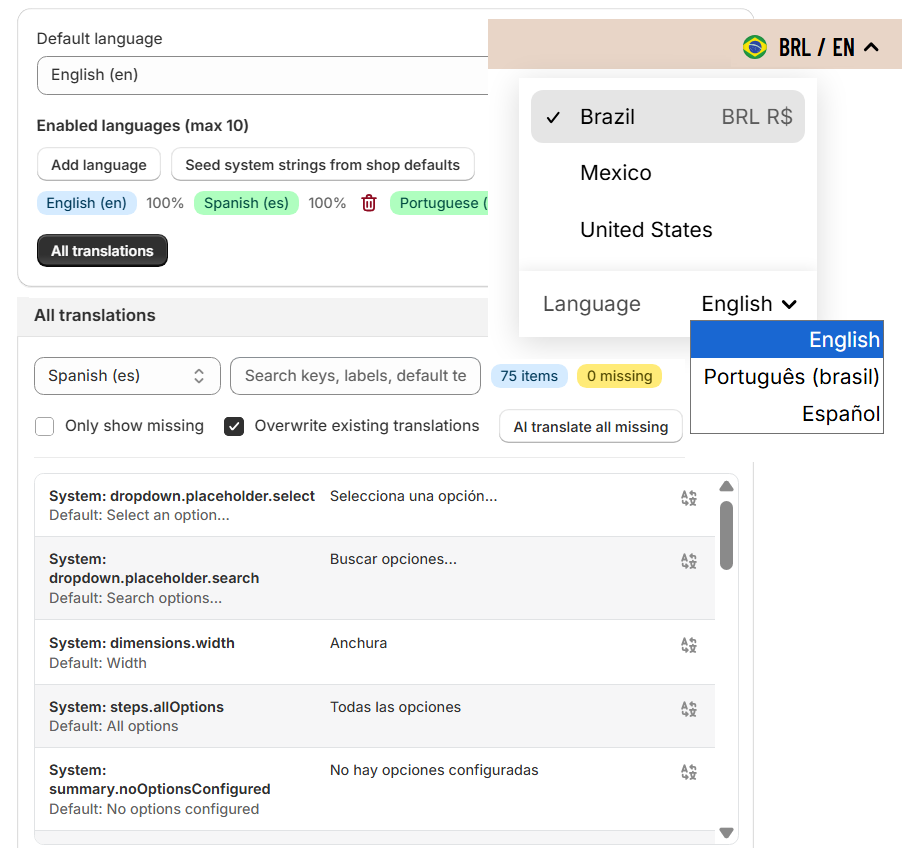Localization settings interface with language selection and translation options.