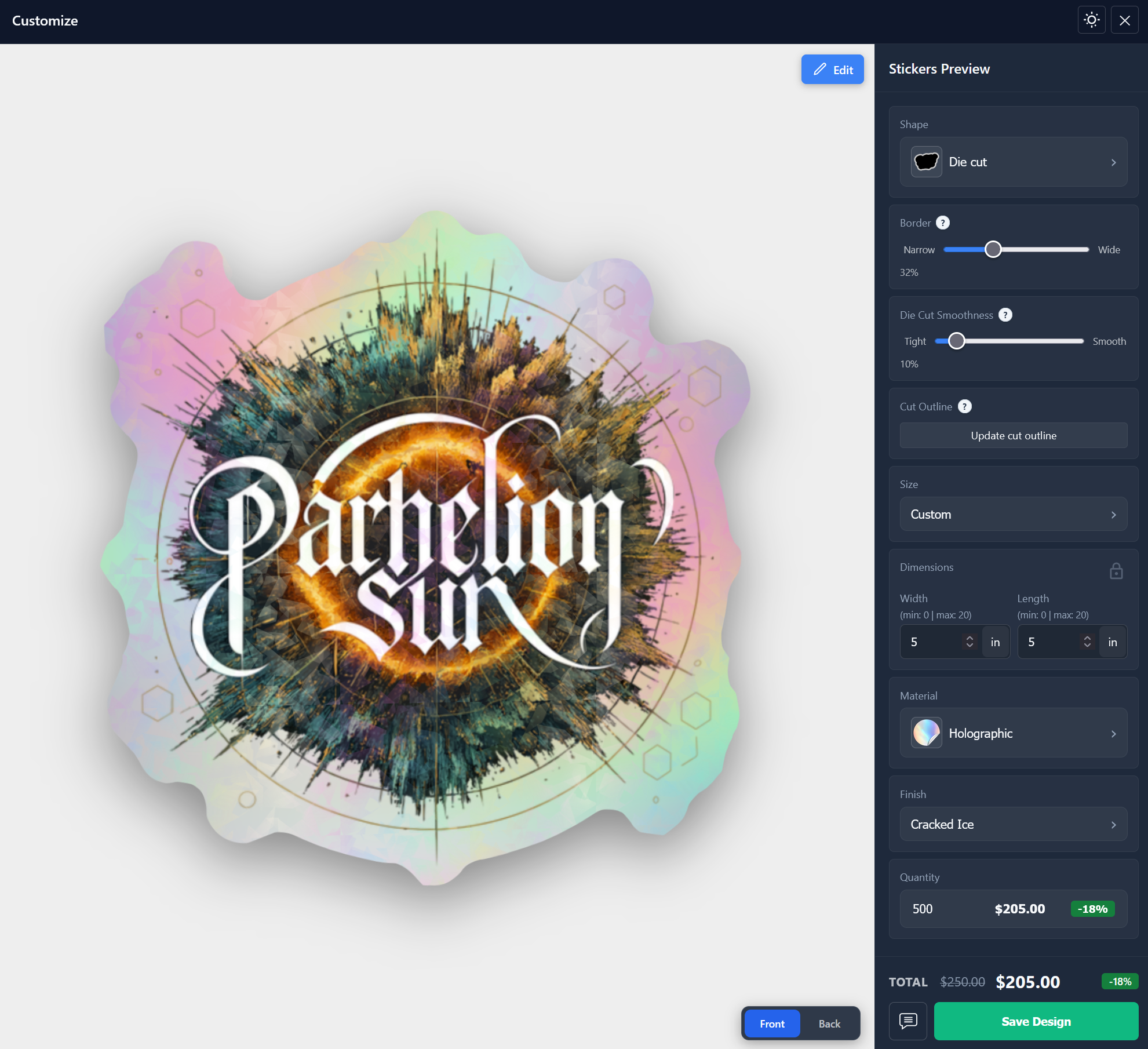 Sticker design software interface with a colorful 'Parhelion Sun' sticker