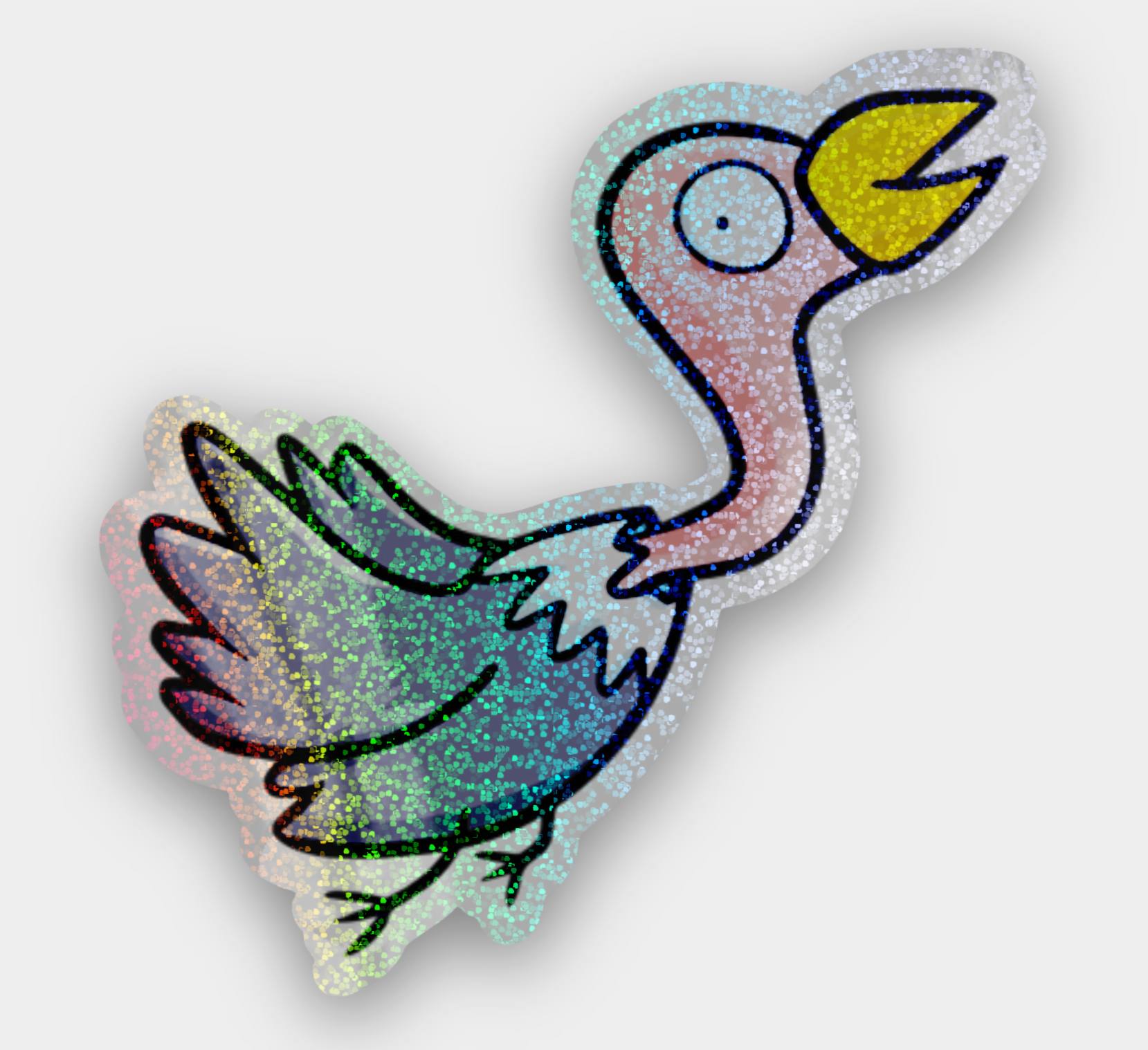 Colorful glittery bird-shaped object on a white background