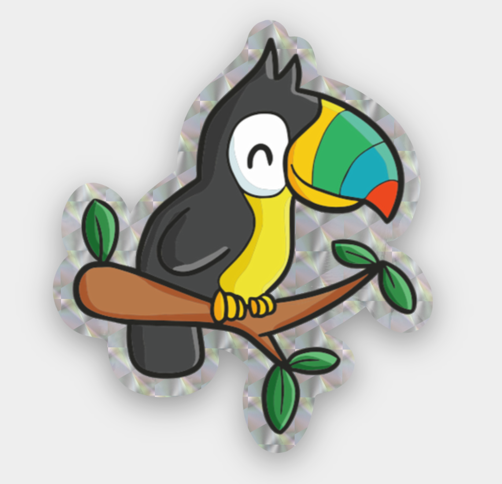 Colorful cartoon toucan character on a branch with a transparent background