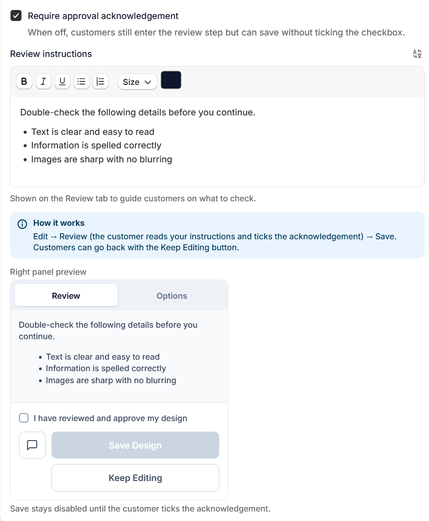 Design tool interface with text editing options and review instructions on a white background