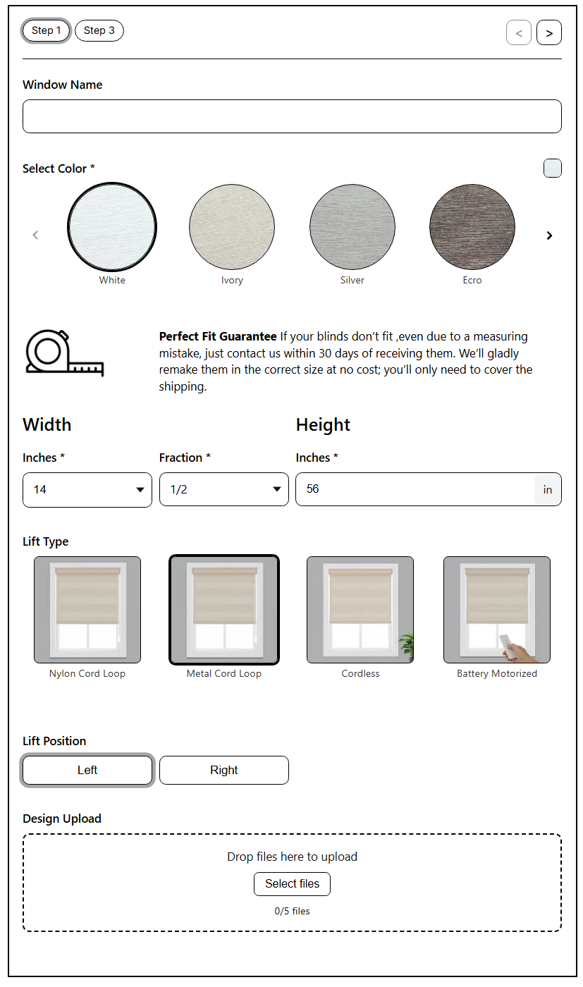 Window treatment customization tool with color selection, size input, and lift type options.