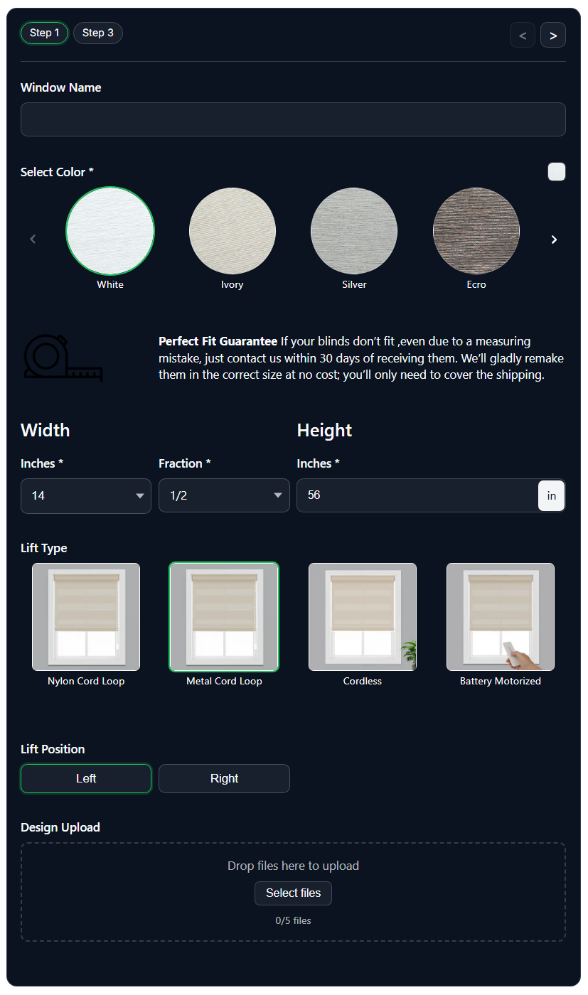 Window treatment customization tool with color selection and size input on a dark background