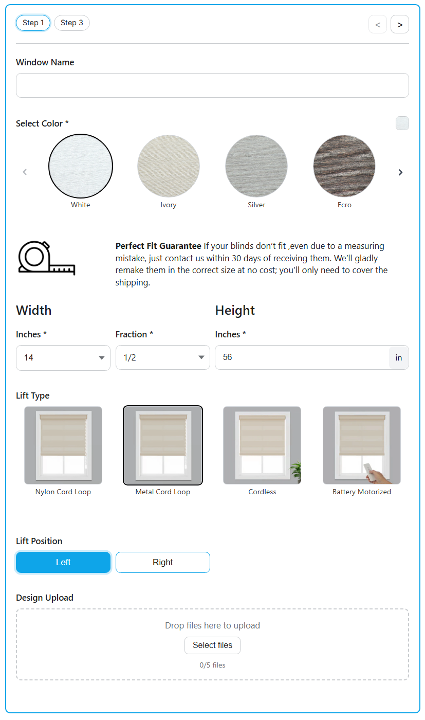 Window treatment customization tool with color selection, size input, and lift type options.